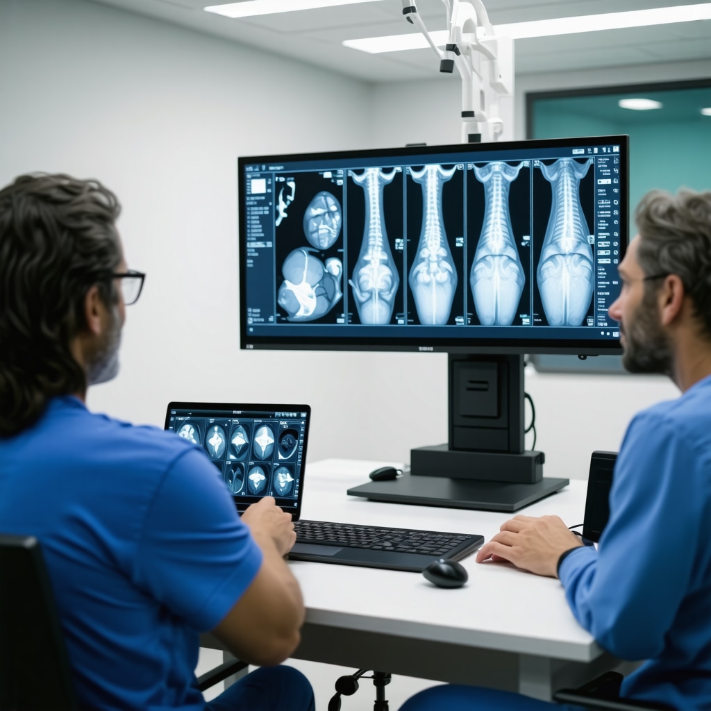 Orthopedic specialists collaborating remotely via telehealth with AI imaging on screen