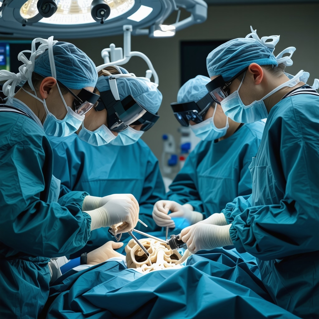 Orthopedic and neurosurgical surgeons collaborating with AI and augmented reality tools during spine surgery