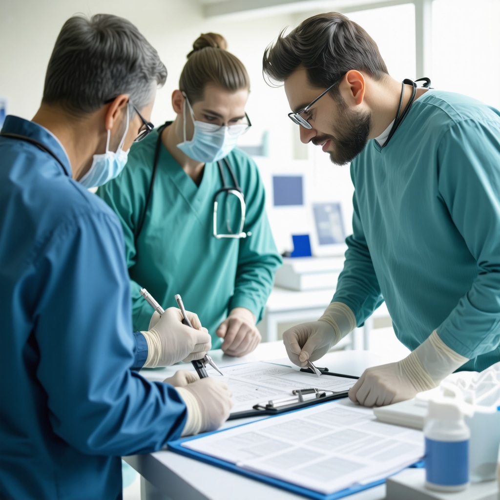 Orthopedic surgeons, physical therapists, and case managers collaborating over detailed medical documentation for insurance appeals