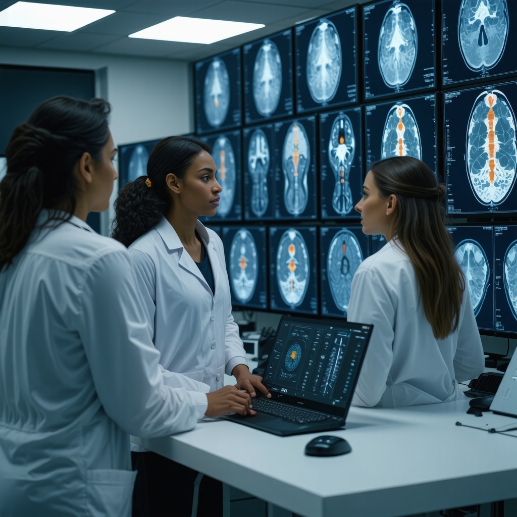 Medical professionals analyzing AI-enhanced spinal imaging data including diffusion tensor imaging in a modern clinical environment