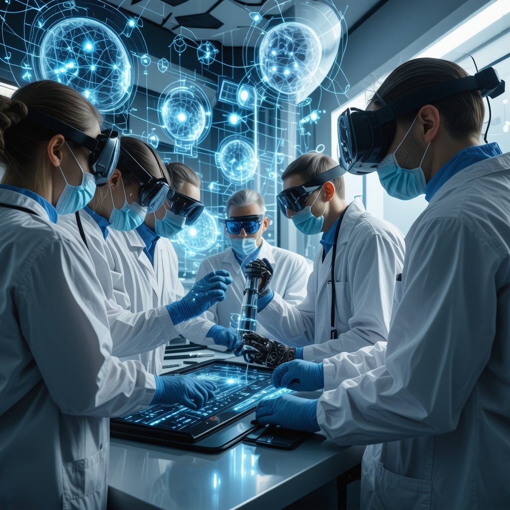 Orthopedic specialists collaborating with genomic sequencing, nanotech implants, and VR rehab technology