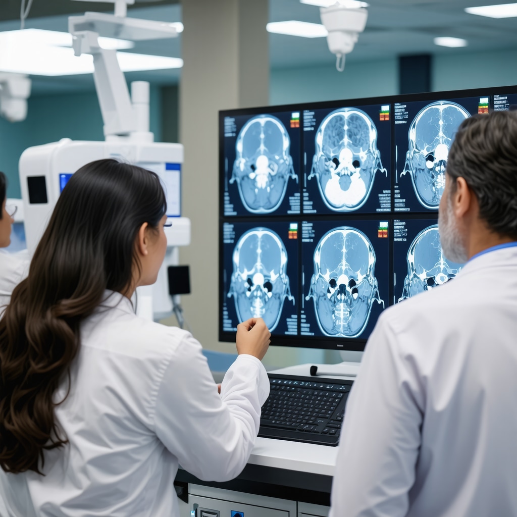 Spine specialists collaborating with AI-assisted diagnostic tools in clinical environment