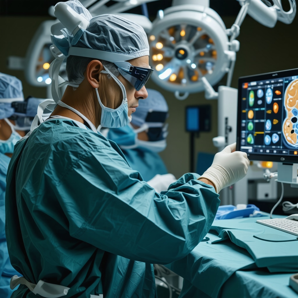 Futuristic operating room with nanotech implants and AR-assisted cervical spine surgery