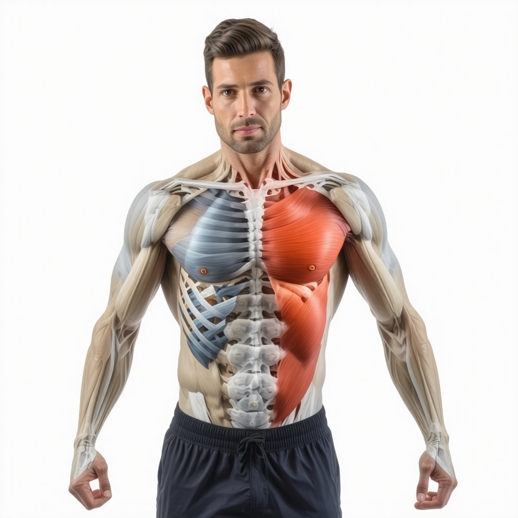 Patient performing neuromuscular re-education exercises with highlighted shoulder muscles and joint biomechanics