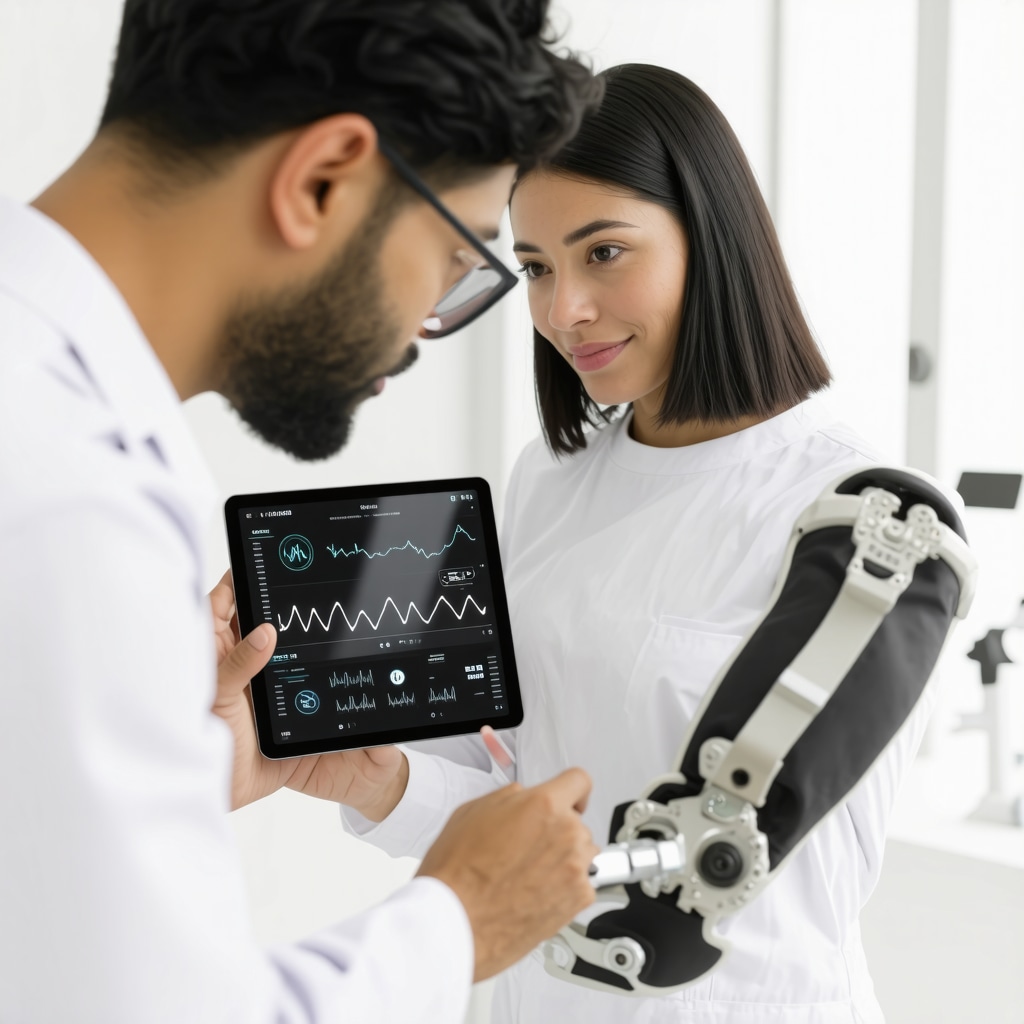 Orthopedic specialists analyzing AI data with patient wearing wearable device during follow-up visit
