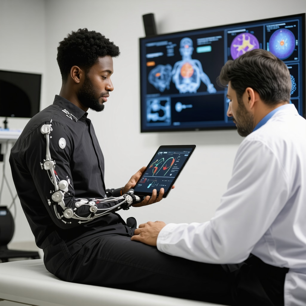 Patient wearing wearable biomechanical feedback device with doctor analyzing data in orthopedic clinic