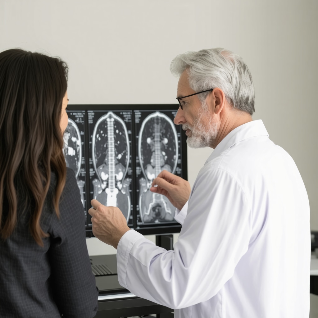 Orthopedic doctor and patient reviewing MRI scans during accident injury recovery