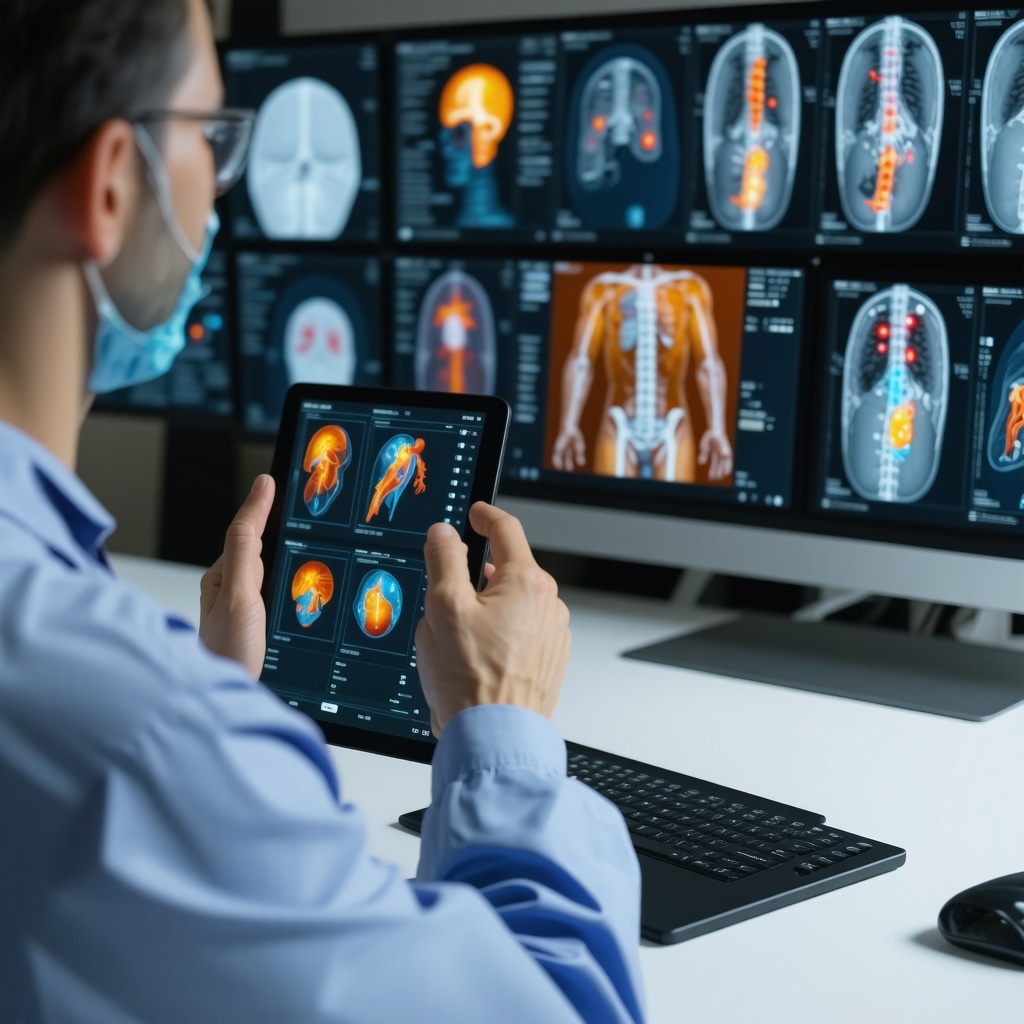 New Jersey orthopedic doctor performing AI-assisted telehealth consultation with wearable sensor data and medical imaging