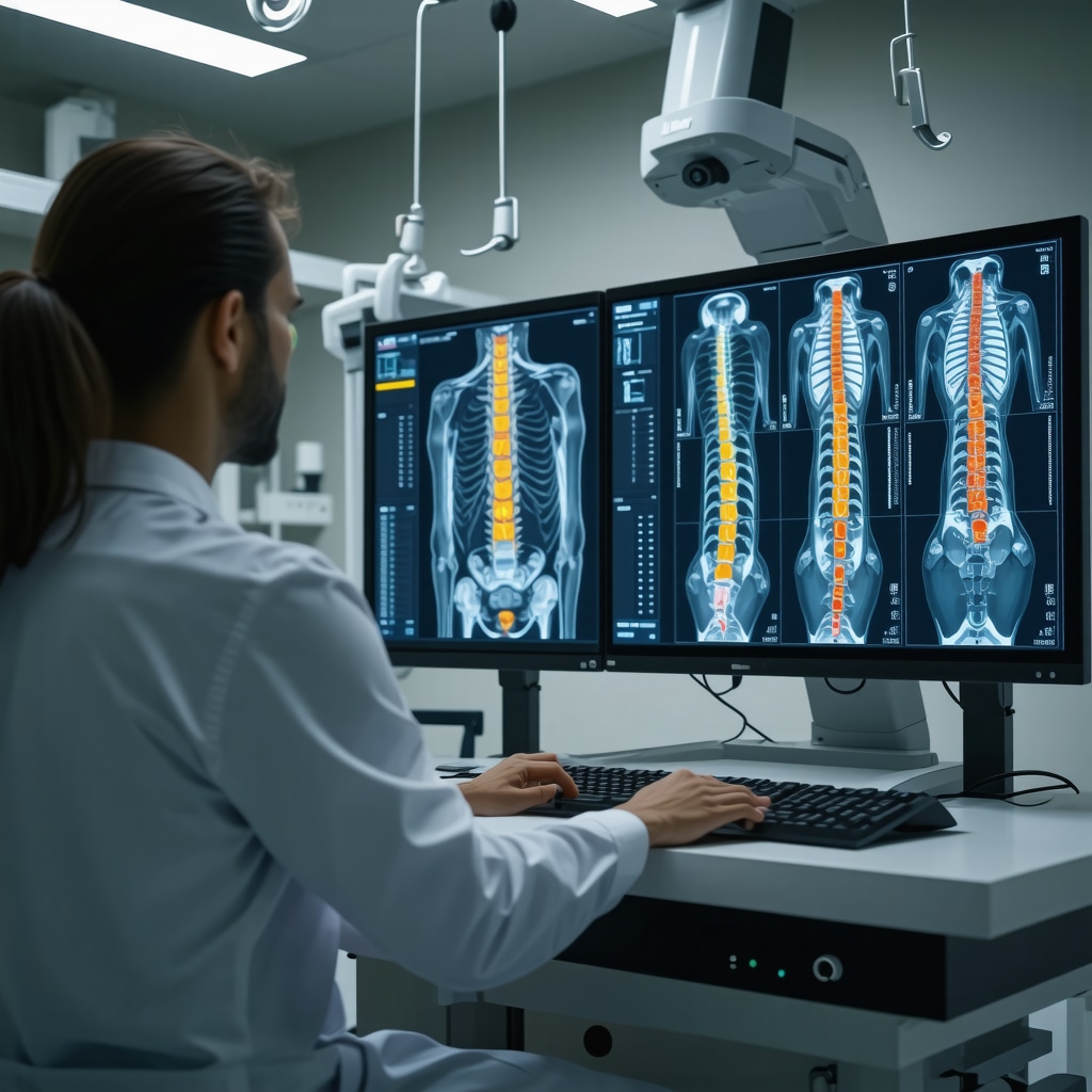 Orthopedic doctor reviewing advanced spinal imaging scans with patient in a modern clinic