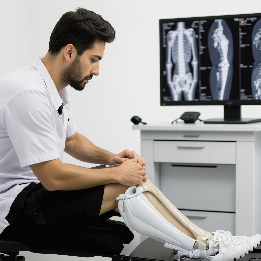 Orthopedic urgent care doctor examining knee injury with digital imaging technology
