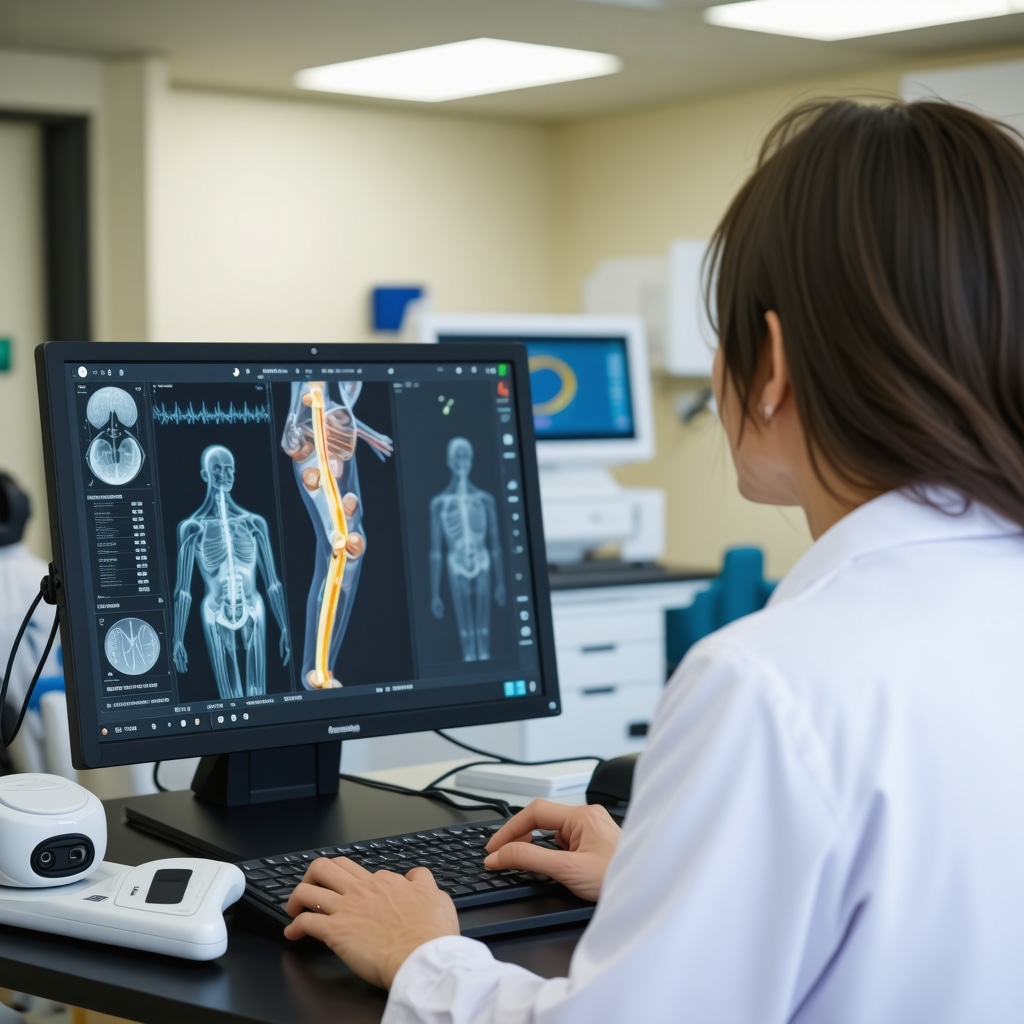 Orthopedic specialist reviewing nerve imaging and digital health monitoring devices in clinical environment