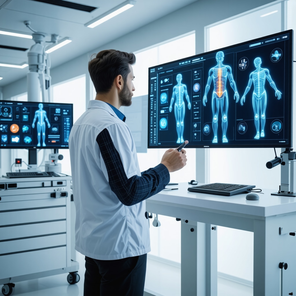 Orthopedic specialist reviewing biomechanical gait analysis with AI tools in a modern clinical environment