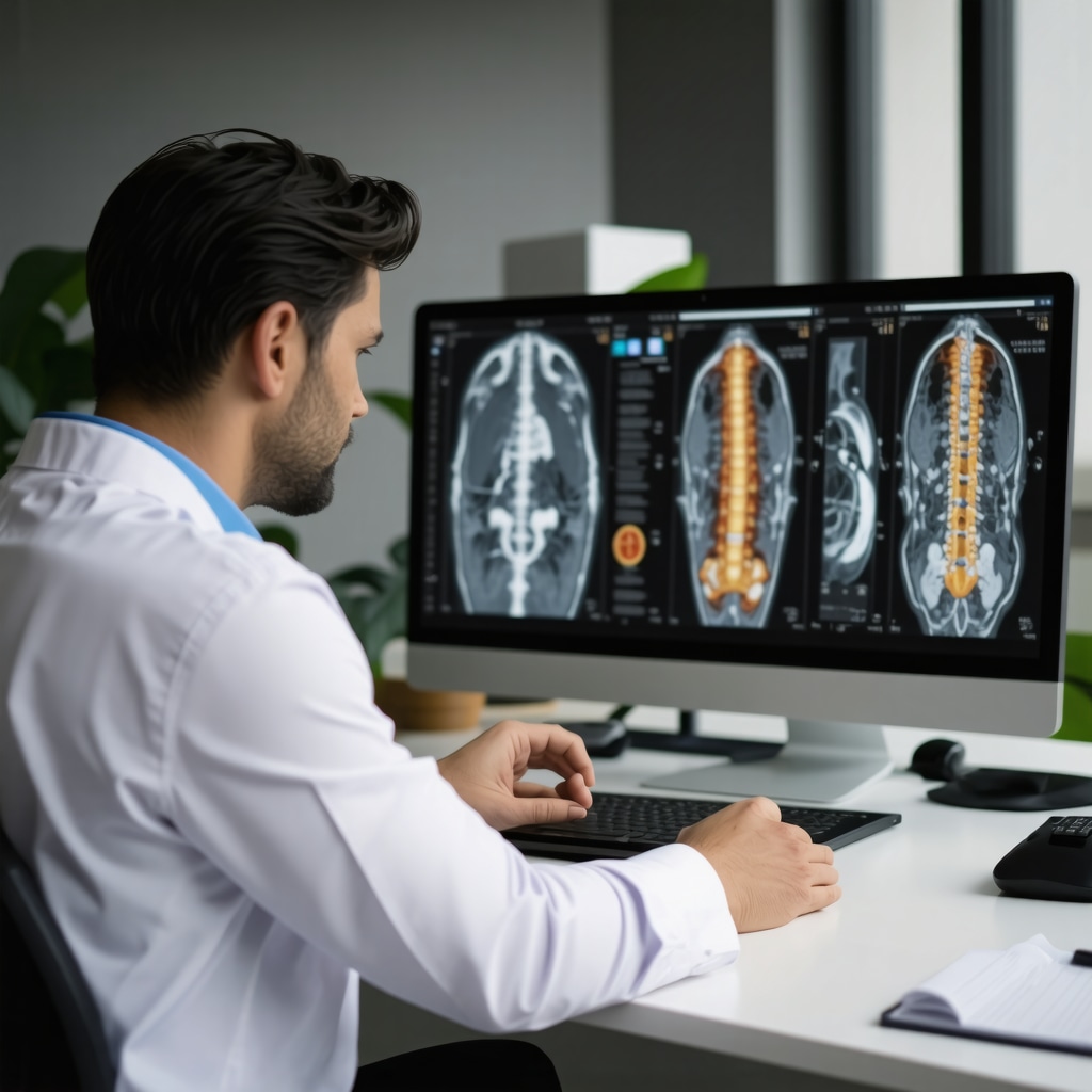 Orthopedic specialist and workers compensation attorney reviewing diagnostic images and legal documents