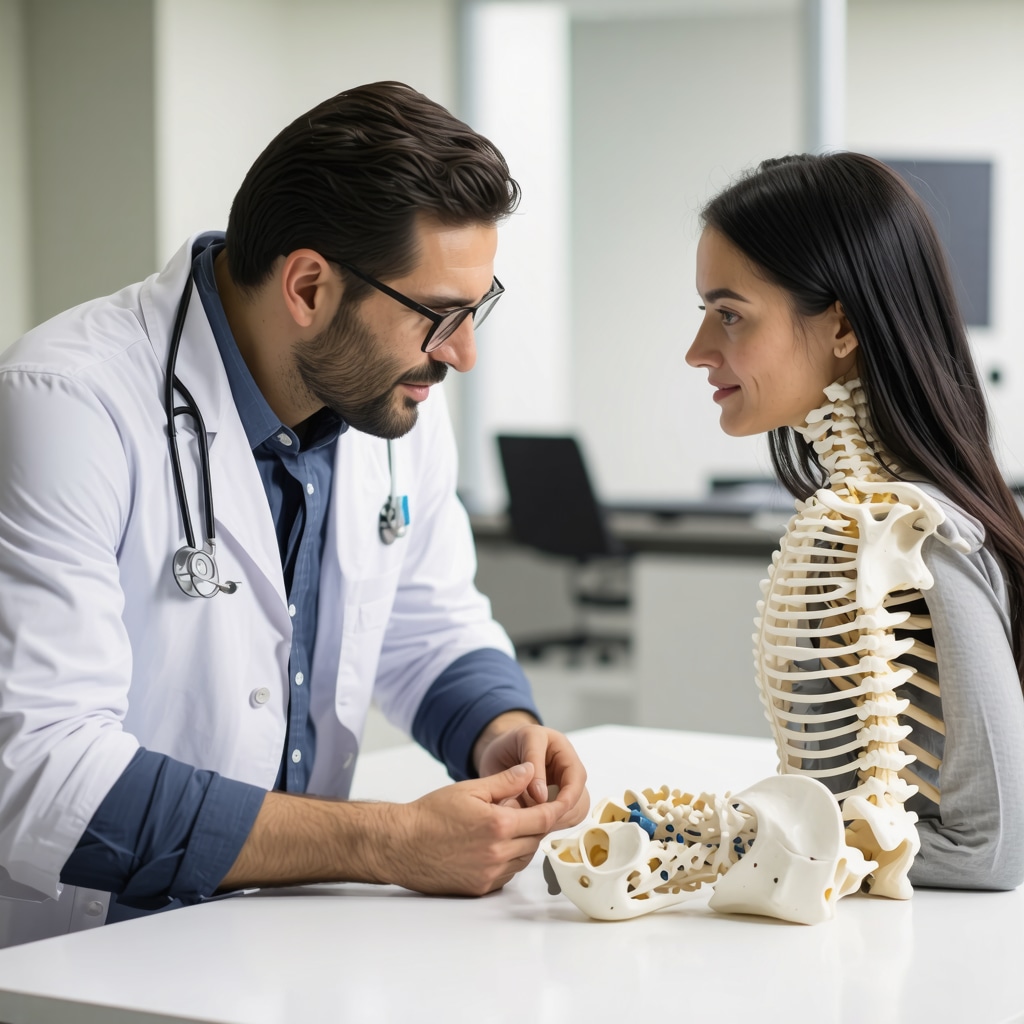 Orthopedic spine doctor explaining spine anatomy and treatment options to patient during consultation
