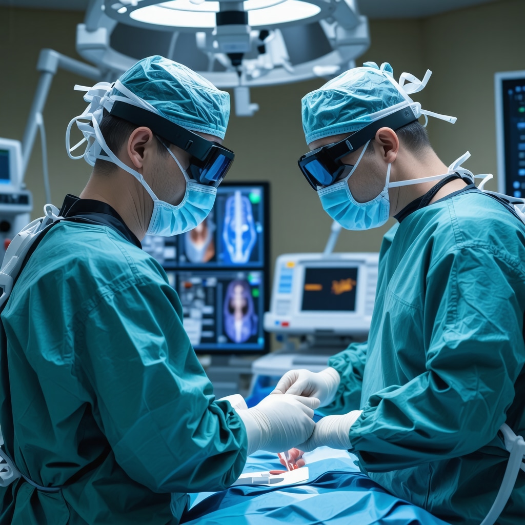 Orthopedic spine surgeon utilizing AI and augmented reality technology during spine surgery in a modern operating room