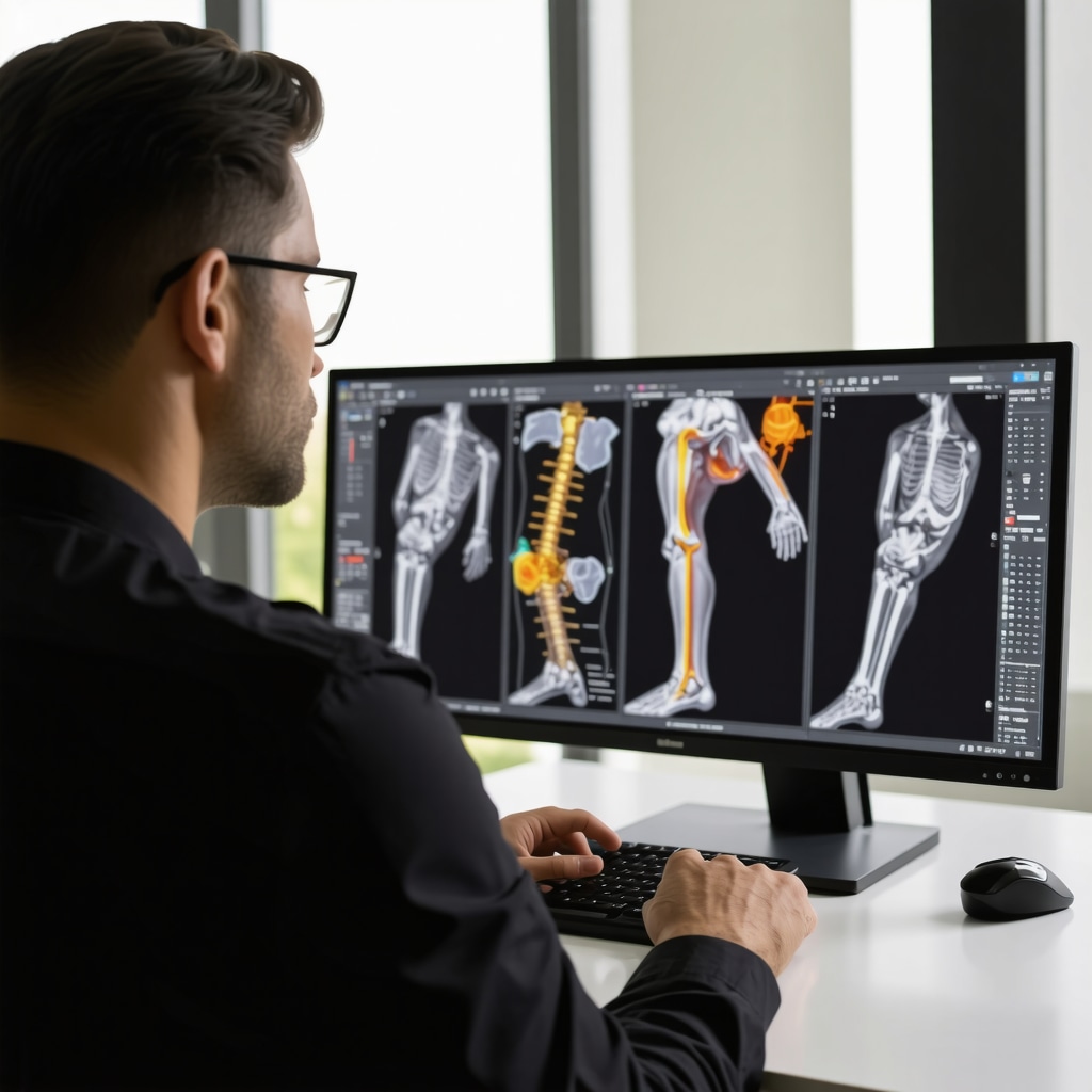 Orthopedic surgeon analyzing biomechanical data and diagnostic images on a computer screen in a clinical environment