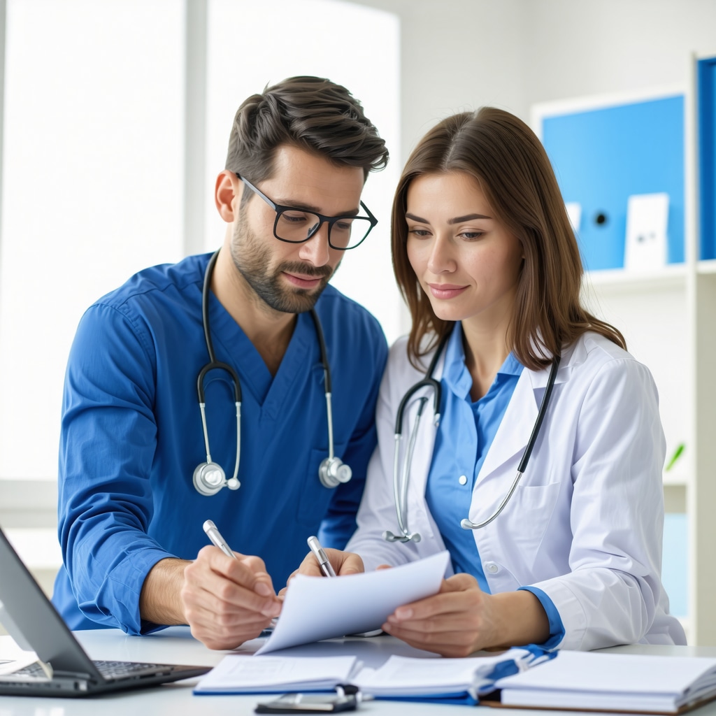 Orthopedic surgeon and patient discussing medical records and insurance documents in clinical setting