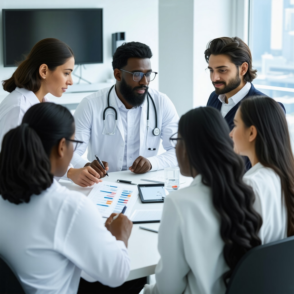 Orthopedic medical professionals collaborating with AI-assisted ICD-10 coding interface on digital patient records