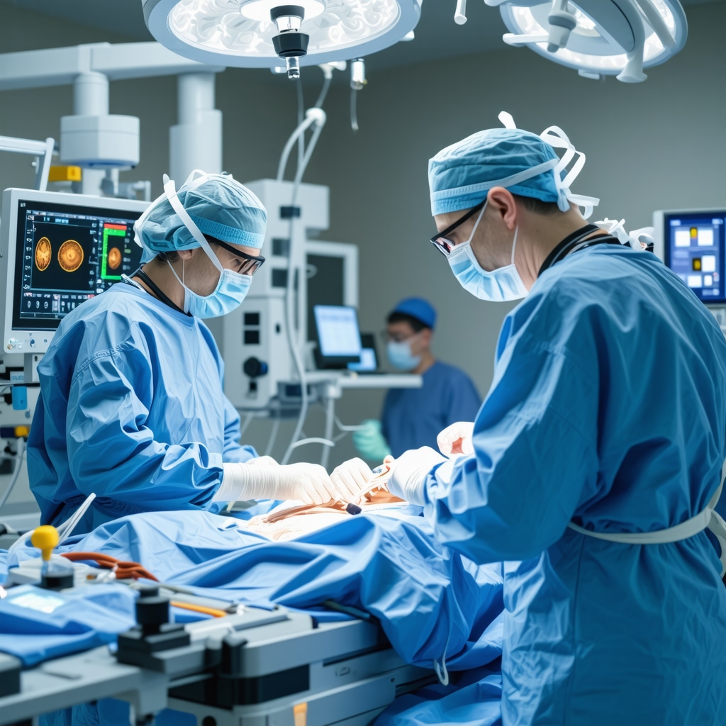 Orthopedic and neurosurgical spine surgeons working with robotic surgical equipment and neuro-monitoring in an advanced operating room