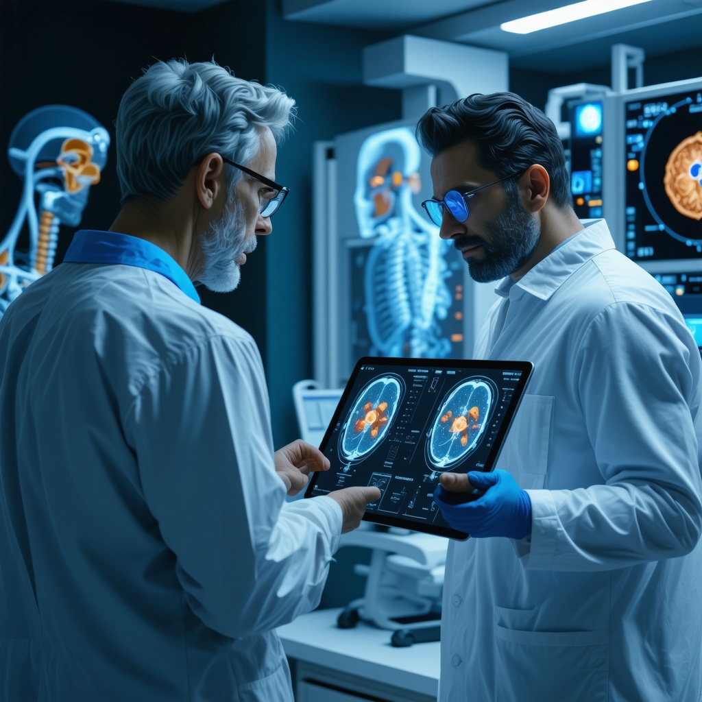 Orthopedic and chiropractic specialists reviewing AI-processed 3D MRI scans and planning regenerative treatments