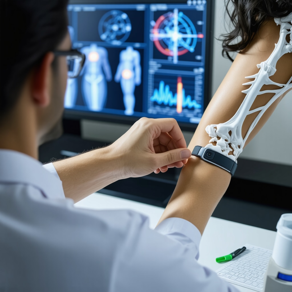 Orthopedic clinician analyzing wearable sensor data and AI documentation interface for work injury