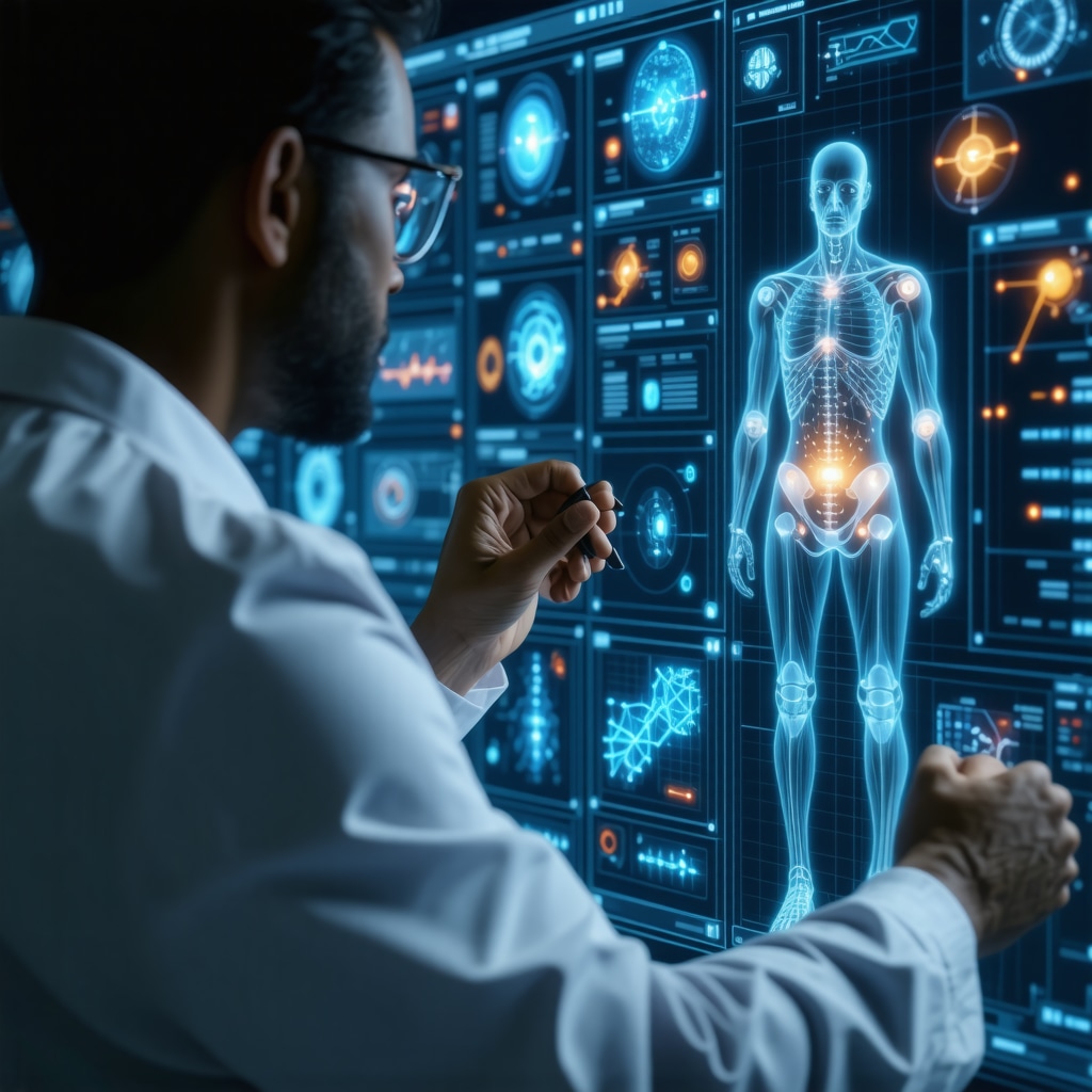 Clinician reviewing digital orthopedic consultation notes with AI and biomechanical data overlays