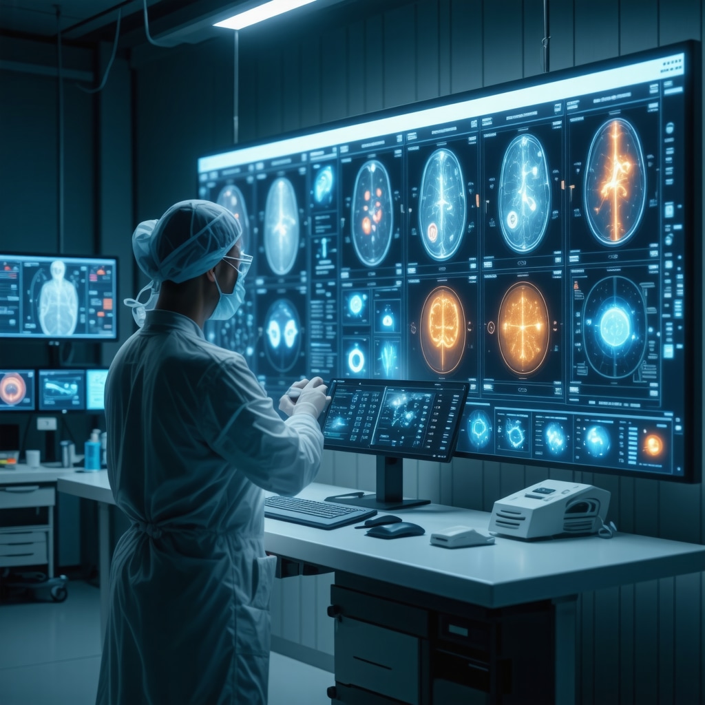 Orthopedic surgeon analyzing AI-driven patient data and insurance documentation on a transparent digital display