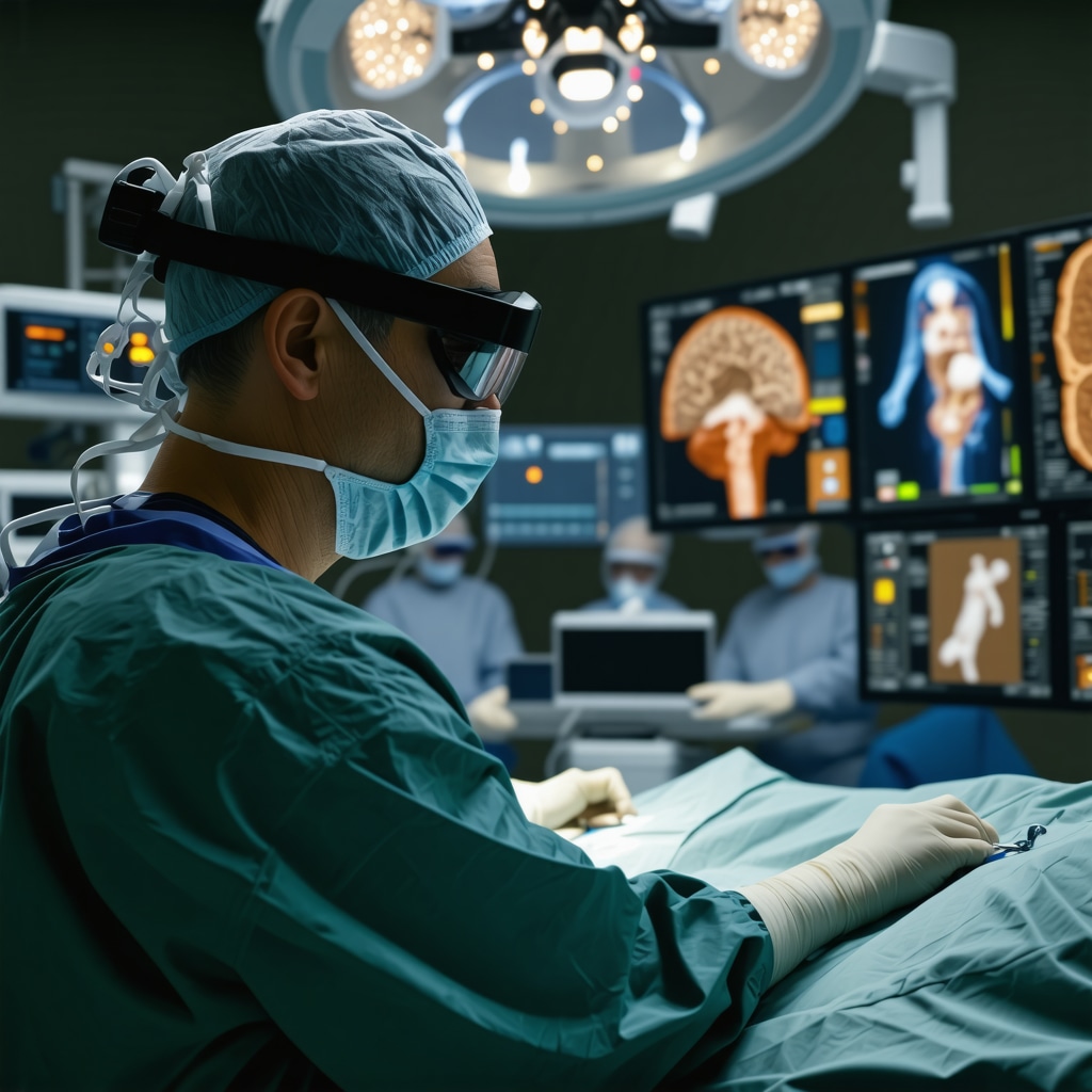 Orthopedic surgeon performing surgery with augmented reality glasses displaying AI and genomic information
