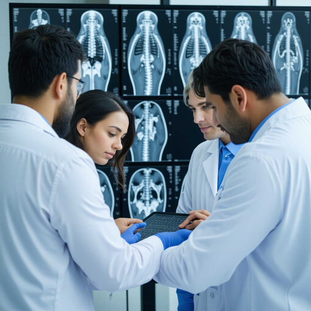 Orthopedic therapist and chiropractor analyzing spinal imaging and biomechanical data