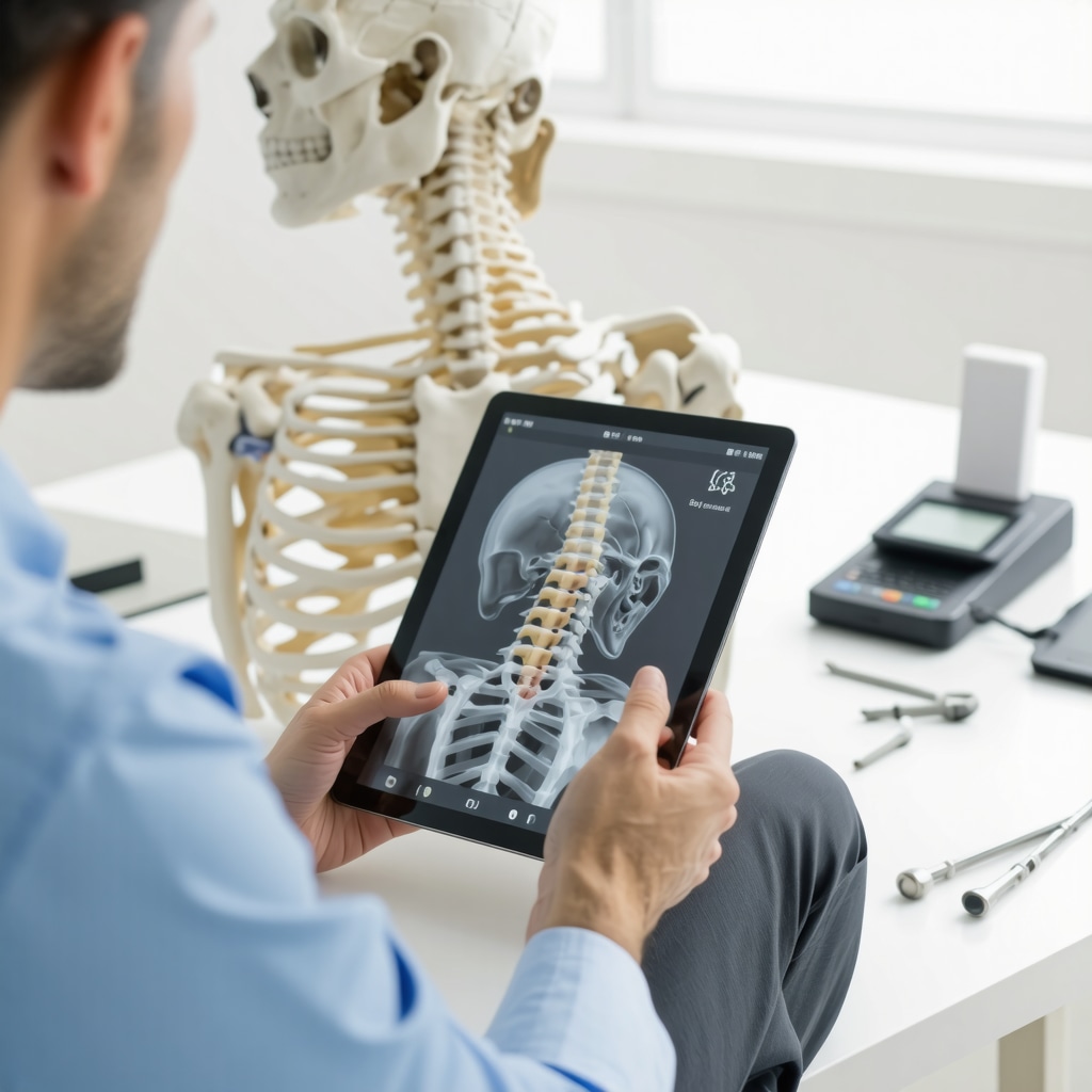 Patient using tele-rehabilitation app with cervical spine model and orthopedic instruments