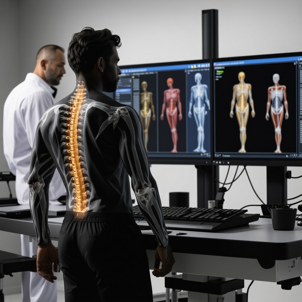 Patient in a biomechanics lab undergoing motion capture analysis for personalized back pain treatment
