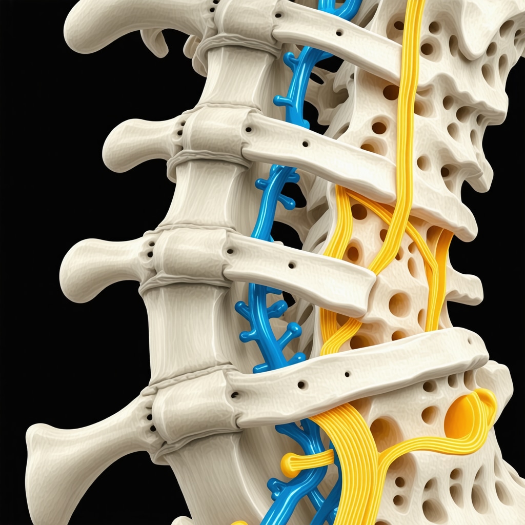 Medical illustration of lumbar orthopedic injection showing molecular pathways and nanotechnology delivery