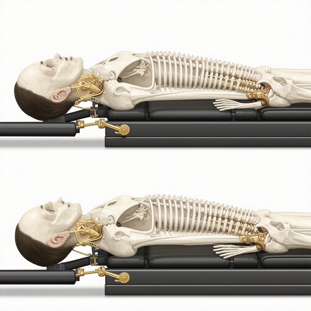 Medical illustration of spinal decompression therapy showing precise alignment and traction adjustments to treat discs and nerves