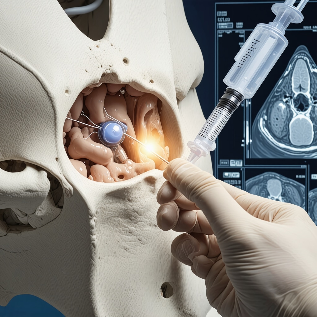 Illustration of stem cell injection into lumbar facet joint combined with AI analytics interface