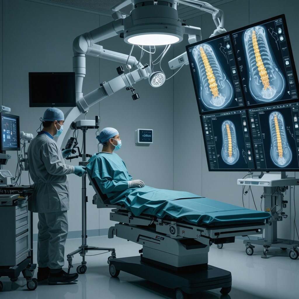 Orthopedic surgeon utilizing robotic arm and AI imaging for herniated disc surgery with genetic data visualization