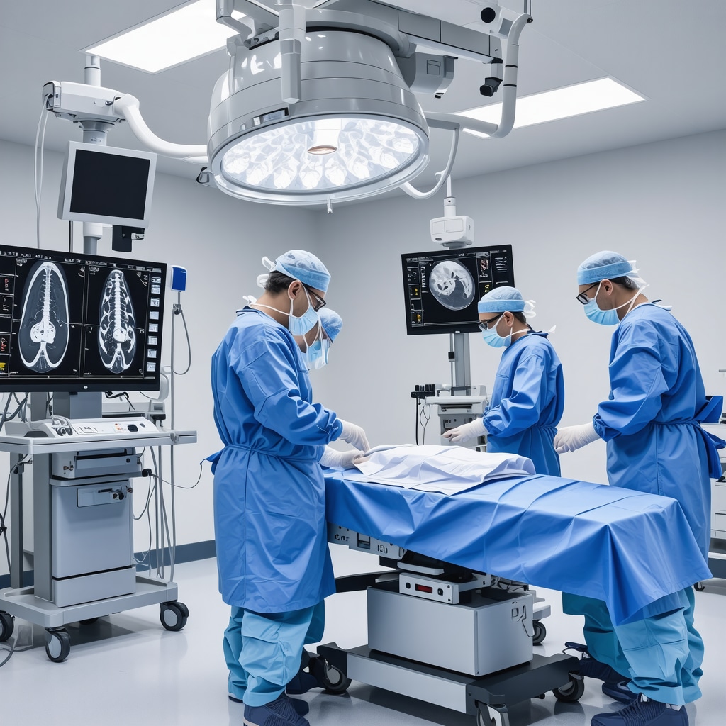 Orthopedic surgeons performing robotic-assisted scoliosis surgery with 3D imaging and monitoring technology