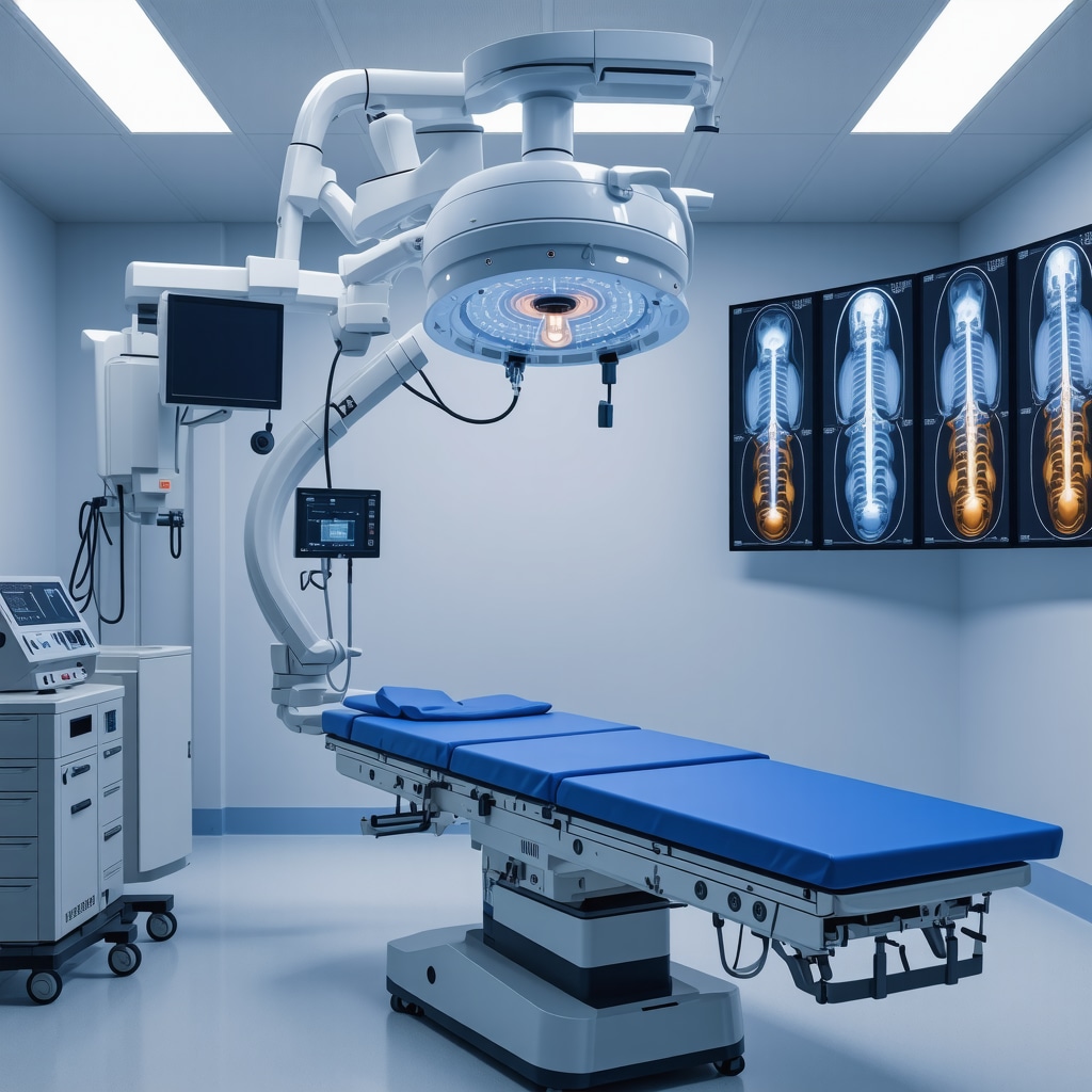 Orthopedic robotic surgery equipment with spinal imaging screens demonstrating precision in slipped disc treatment