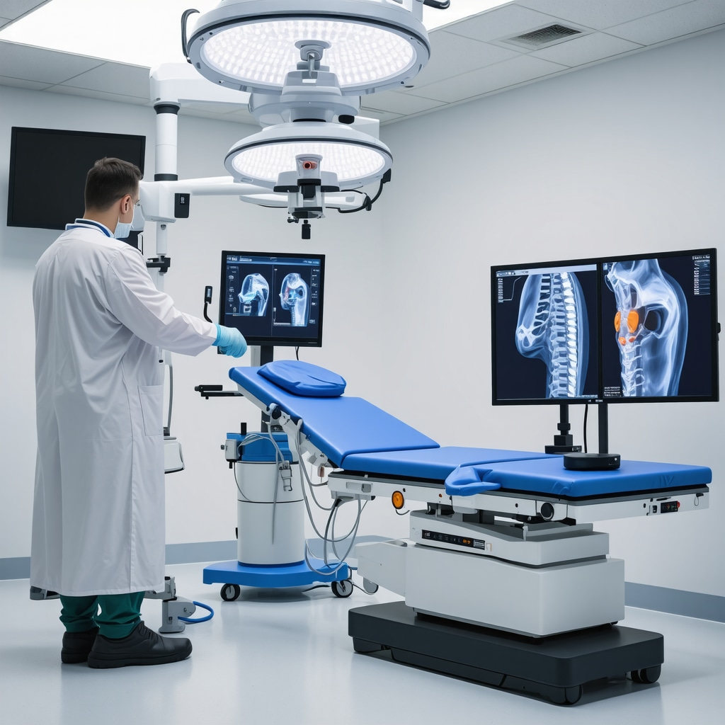 Orthopedic surgeon using robotic spine surgery tools with 3D spinal model displays in modern surgery room