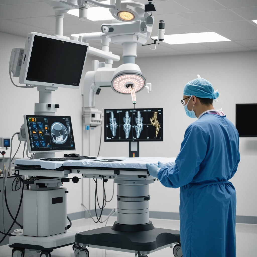 Surgeon operating robotic-assisted spine surgery equipment with 3D imaging screens