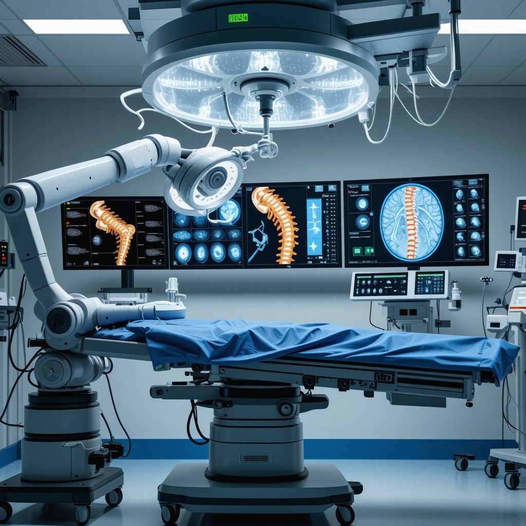 An orthopedic spine surgeon performing robotic-assisted surgery with augmented reality overlays and AI diagnostics