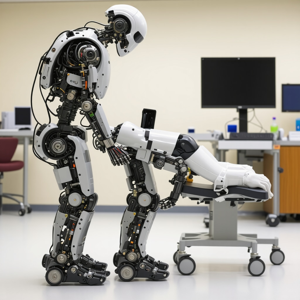 Patient using robotic exoskeleton for orthopedic back injury rehabilitation