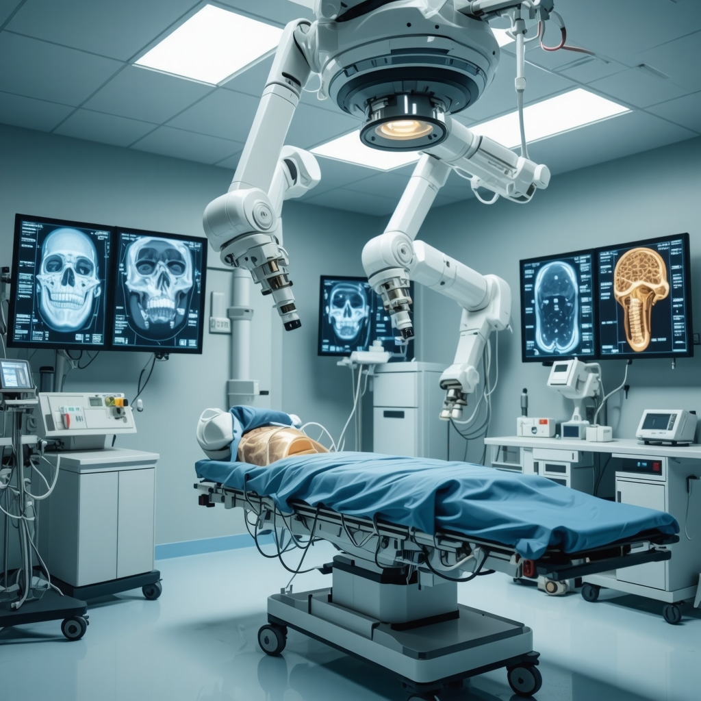 Orthopedic surgeon using robotic arms and AI-based imaging to perform precise fracture fixation