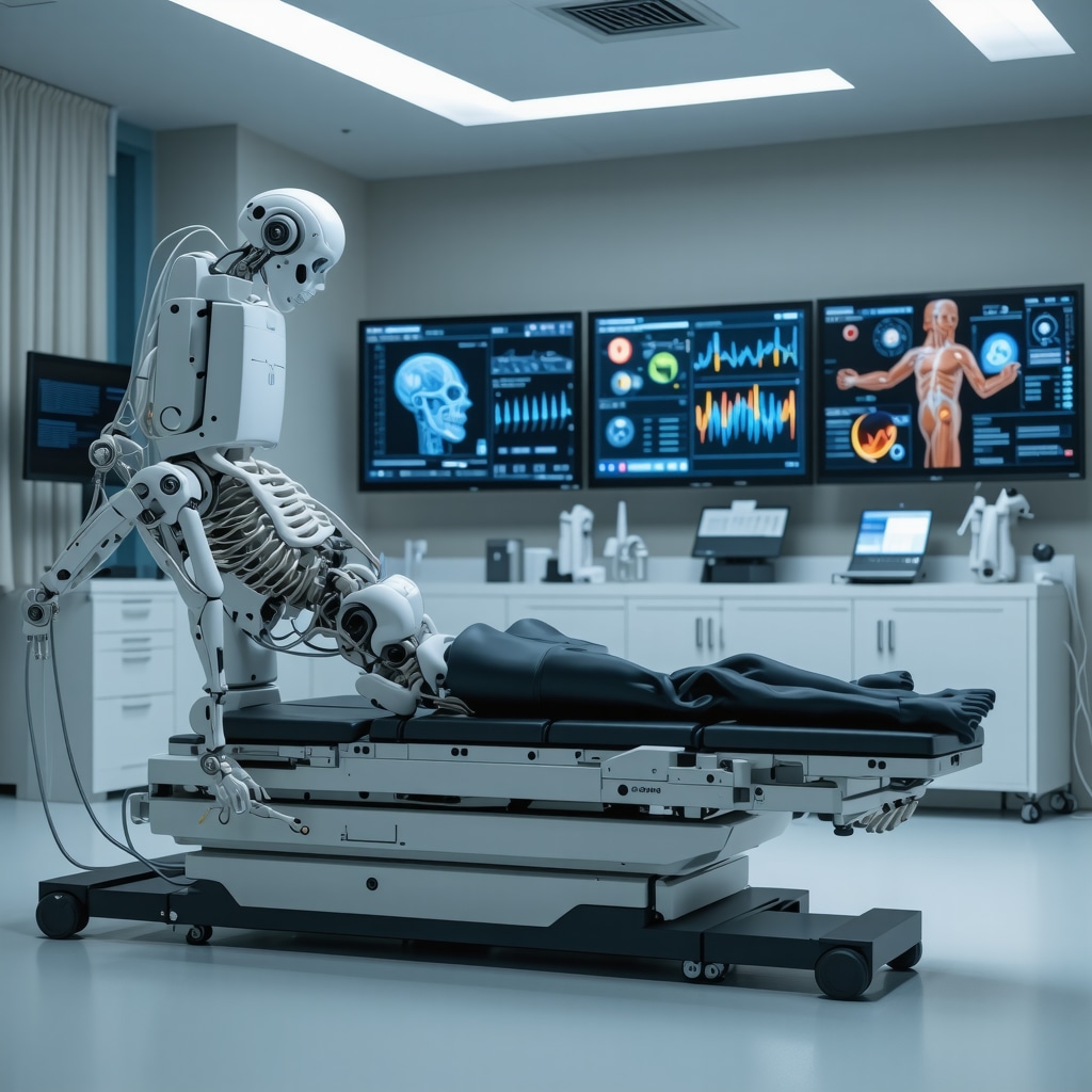 Patient receiving robotic spinal rehabilitation with AI data visualization
