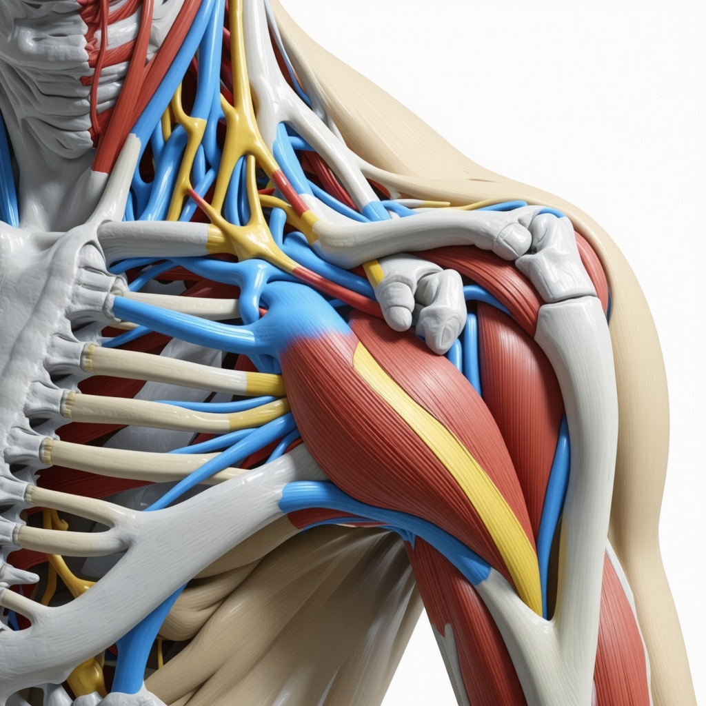 Illustration of rotator cuff tendon-bone interface with biomaterial and gene therapy markers