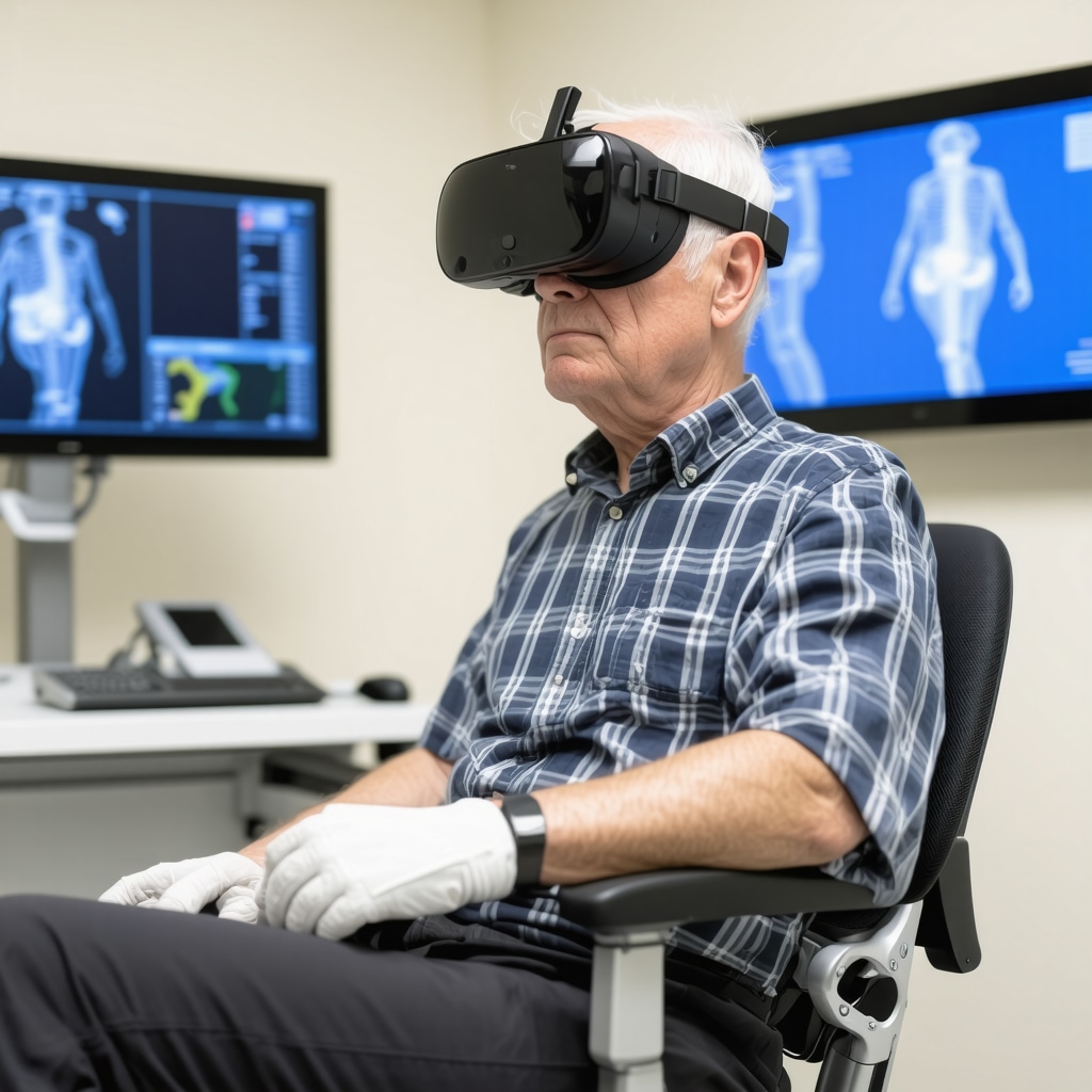 Elderly patient using wearable sensors and VR for spine rehabilitation in clinic