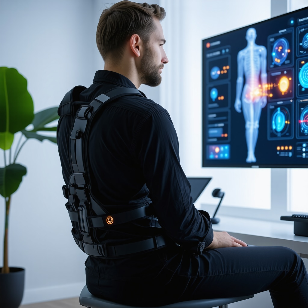 Patient wearing a smart dynamic spinal brace displaying real-time posture data on a digital monitor