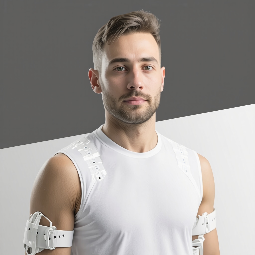 Patient wearing a smart orthopedic brace featuring embedded sensors and digital real-time biomechanical data display