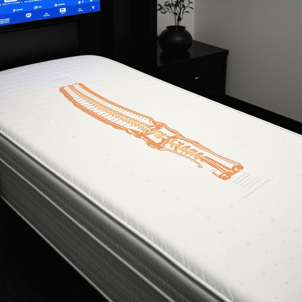 Smart orthopedic mattress displaying spinal alignment data in a rehabilitation clinic bedroom