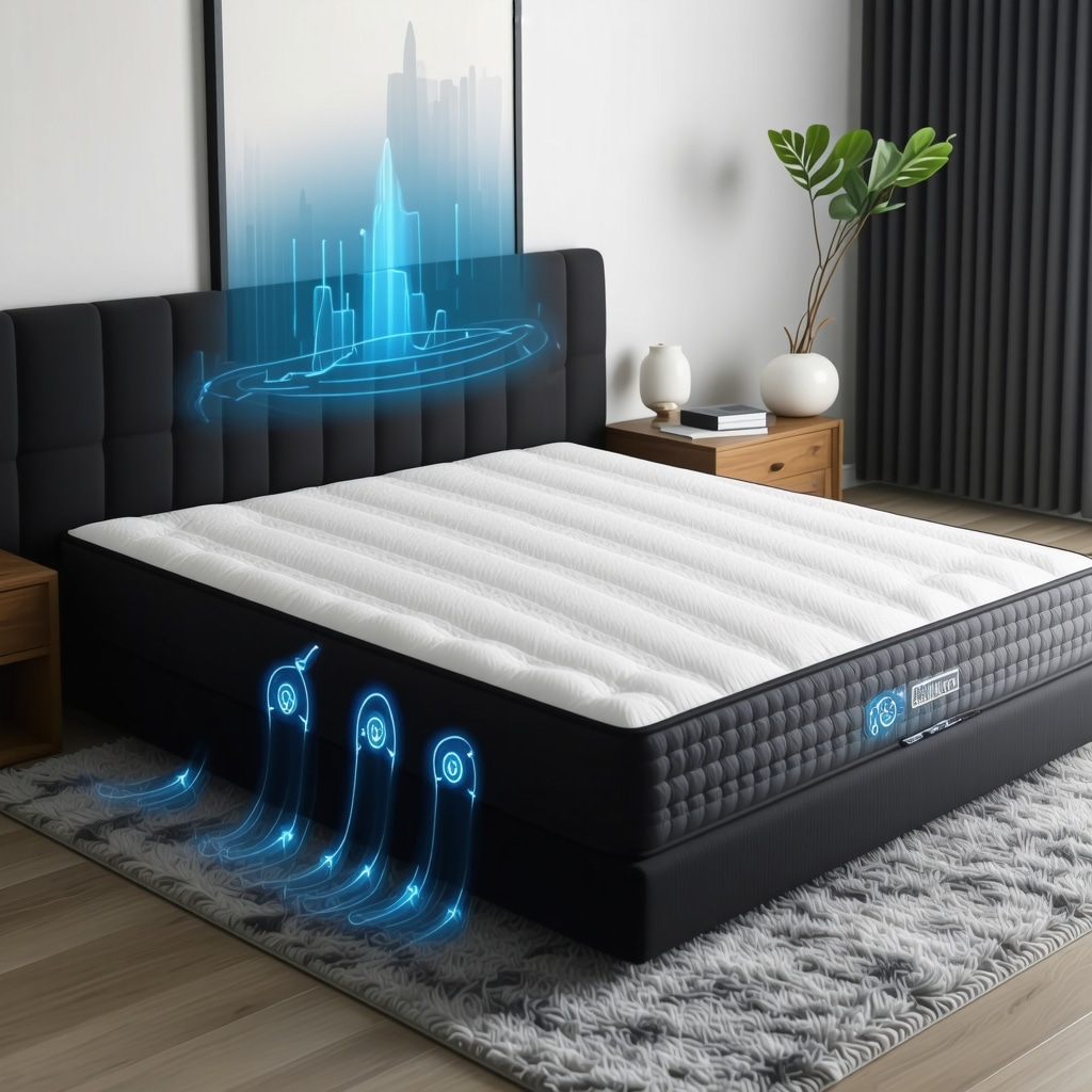 High-tech orthopedic mattress showing embedded sensors and adjustable support zones with digital overlays