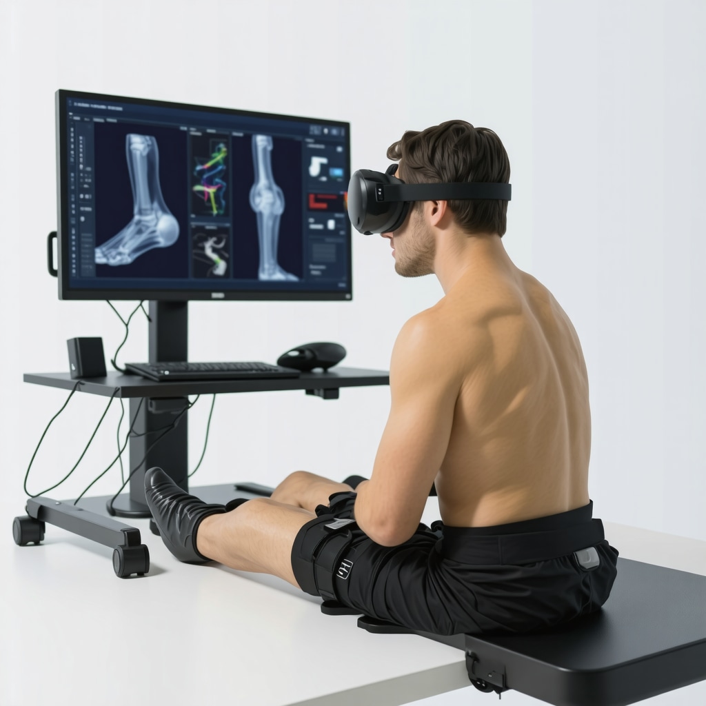 Patient using smart orthotic devices and virtual reality for advanced ankle fracture rehabilitation in a modern orthopedic clinic